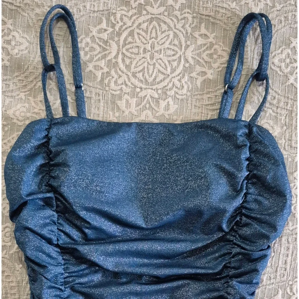 Cupshe Blue‎ Glitter Ruched One Piece Swimsuit Shimmer Square Neck Large